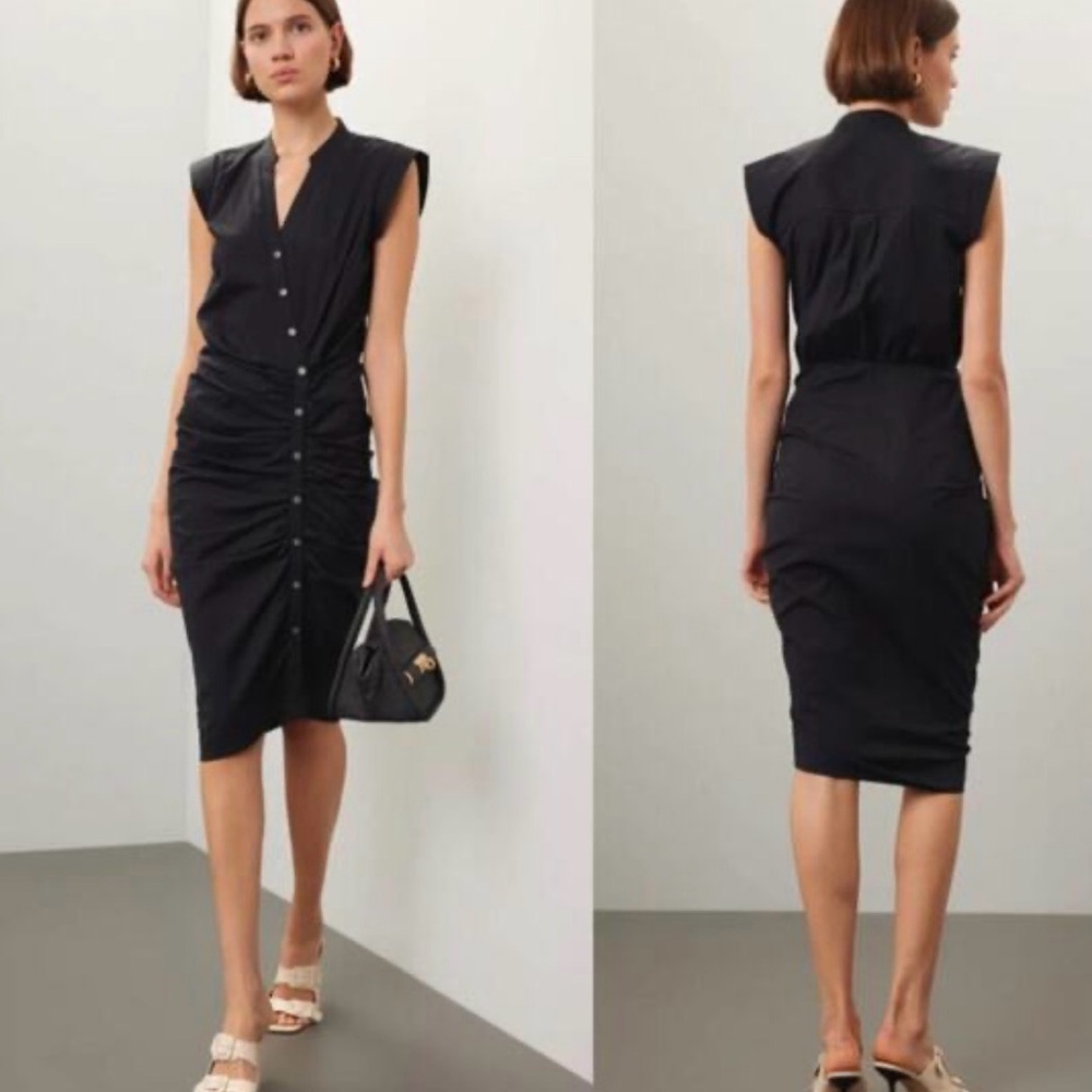 Veronica Beard Black Ruched Button-Front Midi Dress